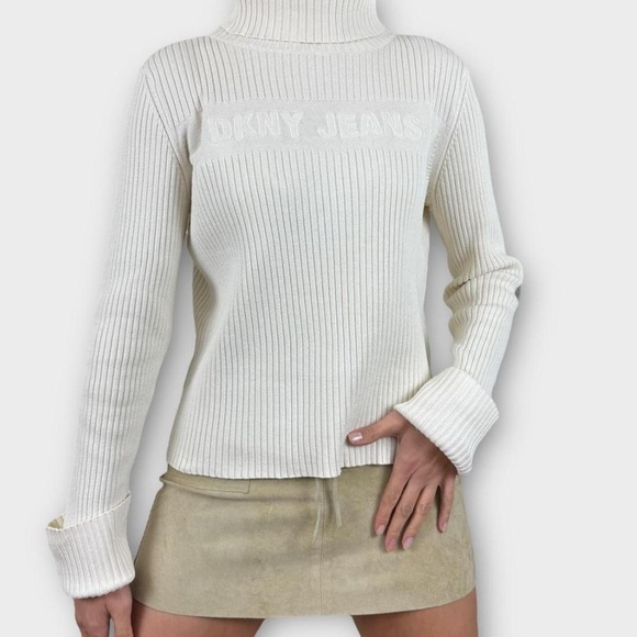 Dkny Y2K Women's White Ribbed Sweater Size XL - Picture 1 of 5